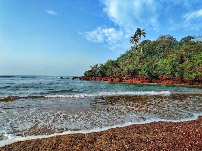 Natural rocky coastline with dense greenery at Rajah Eco Beach